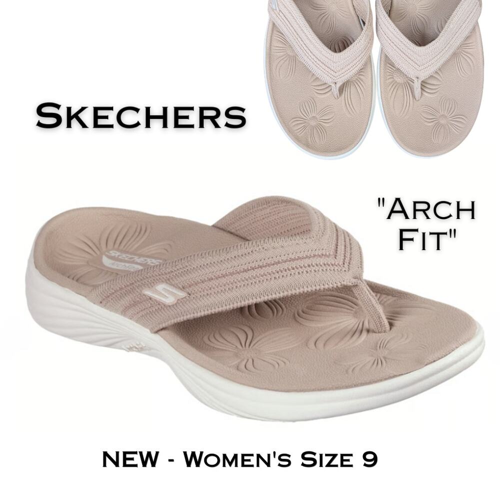 Skechers Arch Fit On The GO Sandals Womens 9 Taupe Knit Thong Flip Flops NEW